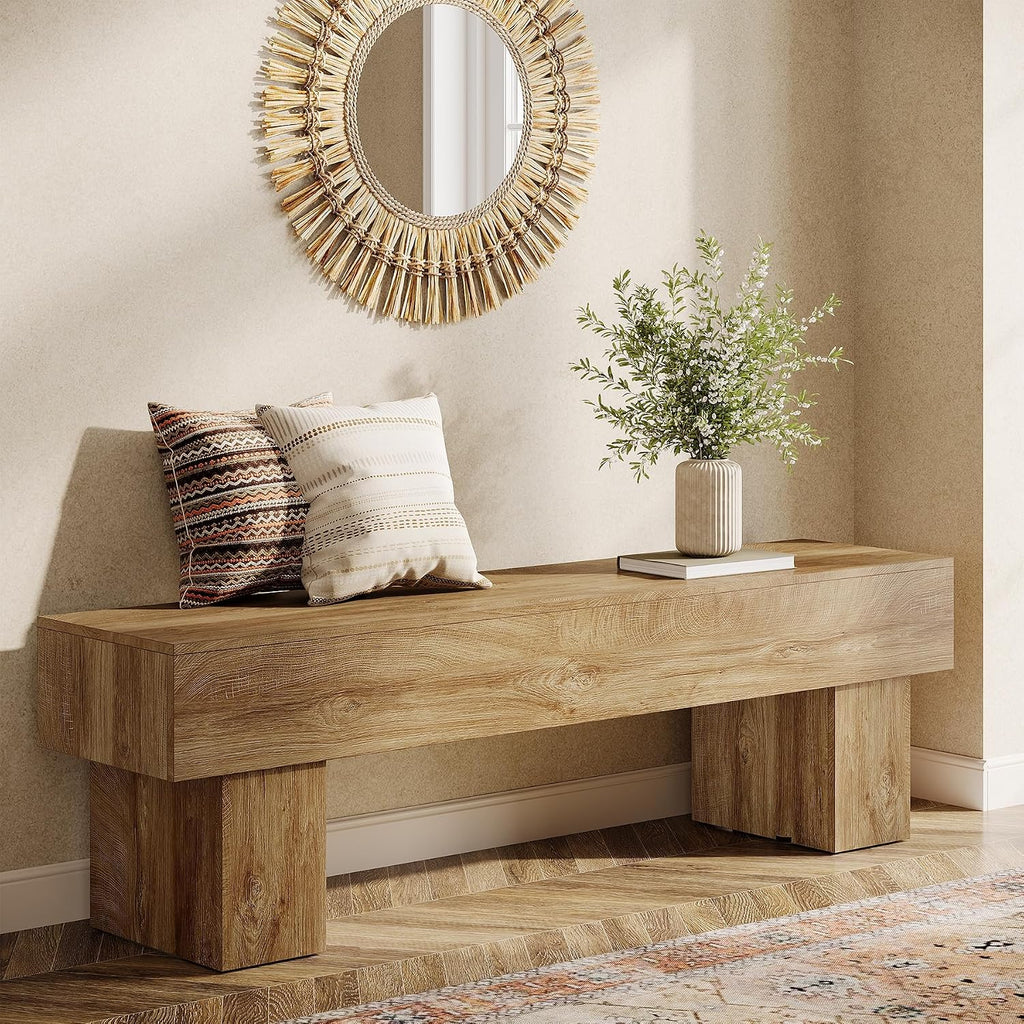 Tribesigns 63“ Extra Long Entryway Bench, Indoor End of Bed Bench for Bedroom, Farmhouse Wooden Shoe Seat Dining Bench for Dining Room, Living Room, Hallway, Light Brown