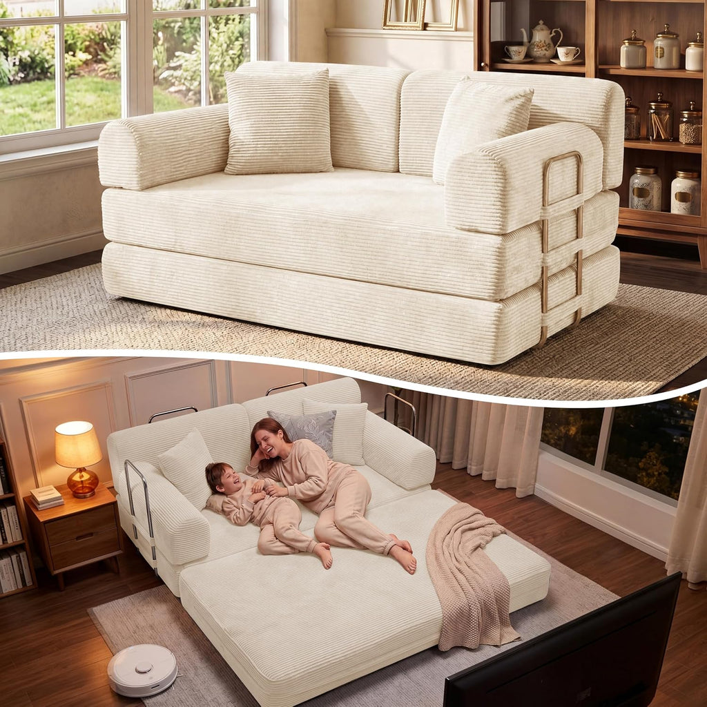 BSHOMGI Convertible Sofa Couch Bed, Folding Corduroy Floor Compression Loveseat Sleeper with Fixed-Shape Frame, King Size Sofas for Guest Room Living Room No Assembly Required (Includes 2 Pillows)