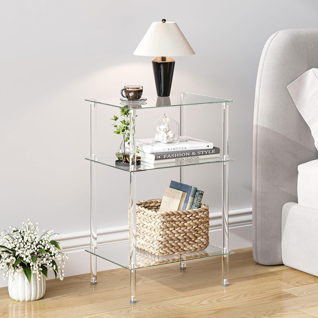 Tempered Glass Side Table, Acrylic End Table, 3-Tier Transparent Nightstand, Clear Coffee Table, for Small Spaces Living Room Bedroom Balcony Transparent LET519TR