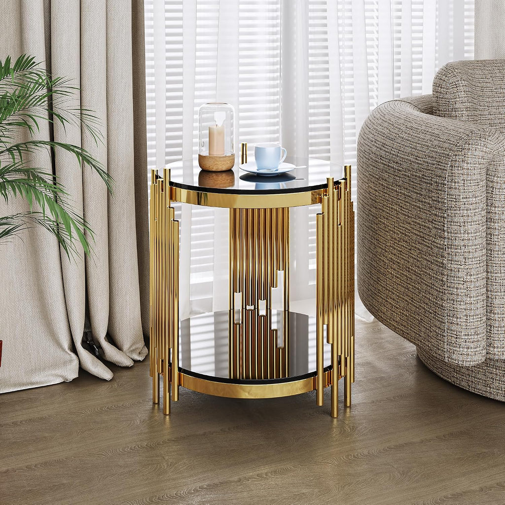 Gold Black End Table with Golden Stainless Steel Frame,Modern Glass Bedside Nightstand Table,Glass Cocktail Small Living Room Coffee Table