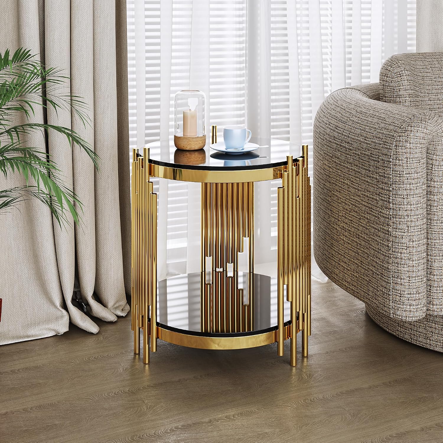 Gold Black End Table with Golden Stainless Steel Frame,Modern Glass Bedside Nightstand Table,Glass Cocktail Small Living Room Coffee Table