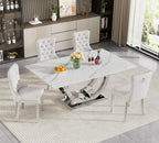 SSLine Modern White Marble Dining Table Set for 4,Luxury 69" Faux Marble Kitchen Table with Velvet Tufted Chairs for 4,5-Piece Dining Room Table Set with Silver Stainless Steel U-Shape Base
