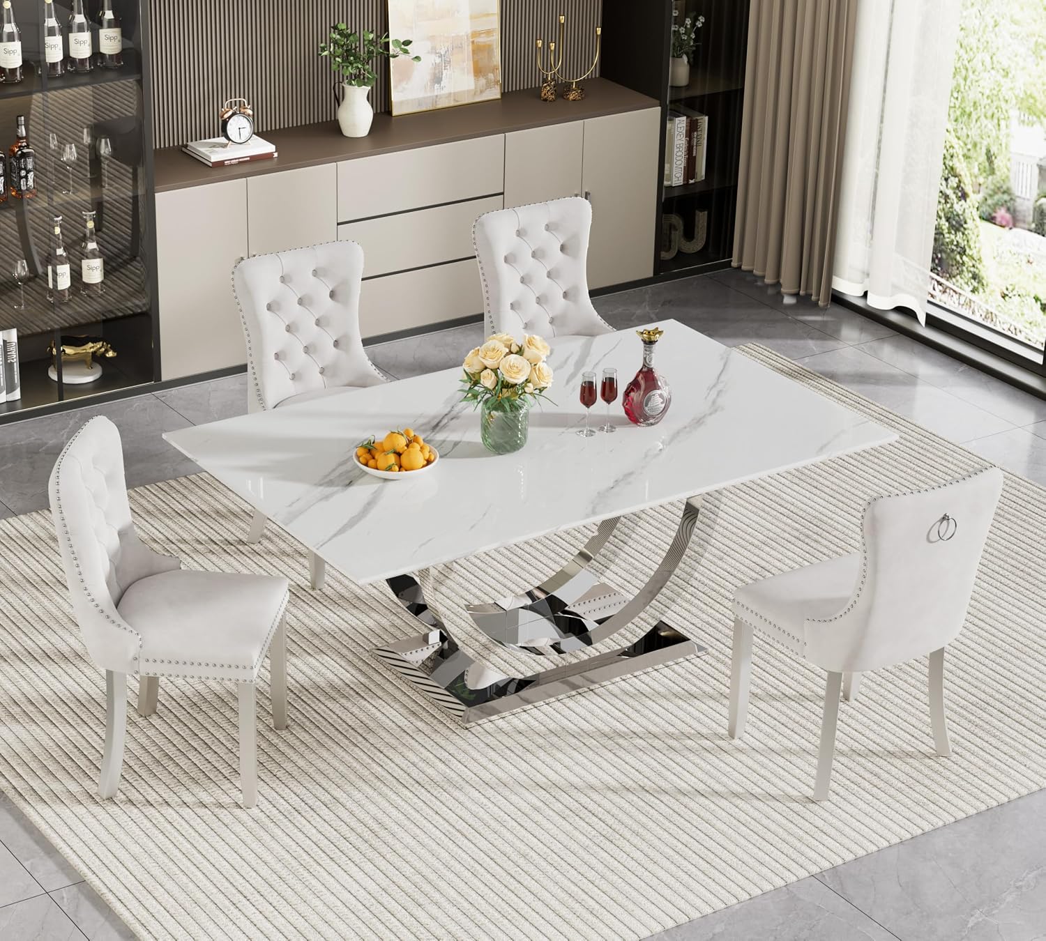 SSLine Modern White Marble Dining Table Set for 4,Luxury 69" Faux Marble Kitchen Table with Velvet Tufted Chairs for 4,5-Piece Dining Room Table Set with Silver Stainless Steel U-Shape Base