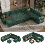 Vipbear 130" Modular Sectional Sleeper Sofa with Pull Out Bed, 9 Seat Corduroy L Shaped Couch with Ottoman and Chaise|USB Ports|Cup Holders|Side Table, Tool Free Assembly, Green