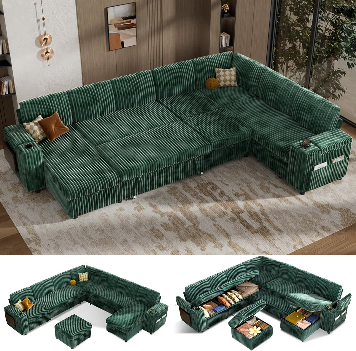 Vipbear 130" Modular Sectional Sleeper Sofa with Pull Out Bed, 9 Seat Corduroy L Shaped Couch with Ottoman and Chaise|USB Ports|Cup Holders|Side Table, Tool Free Assembly, Green