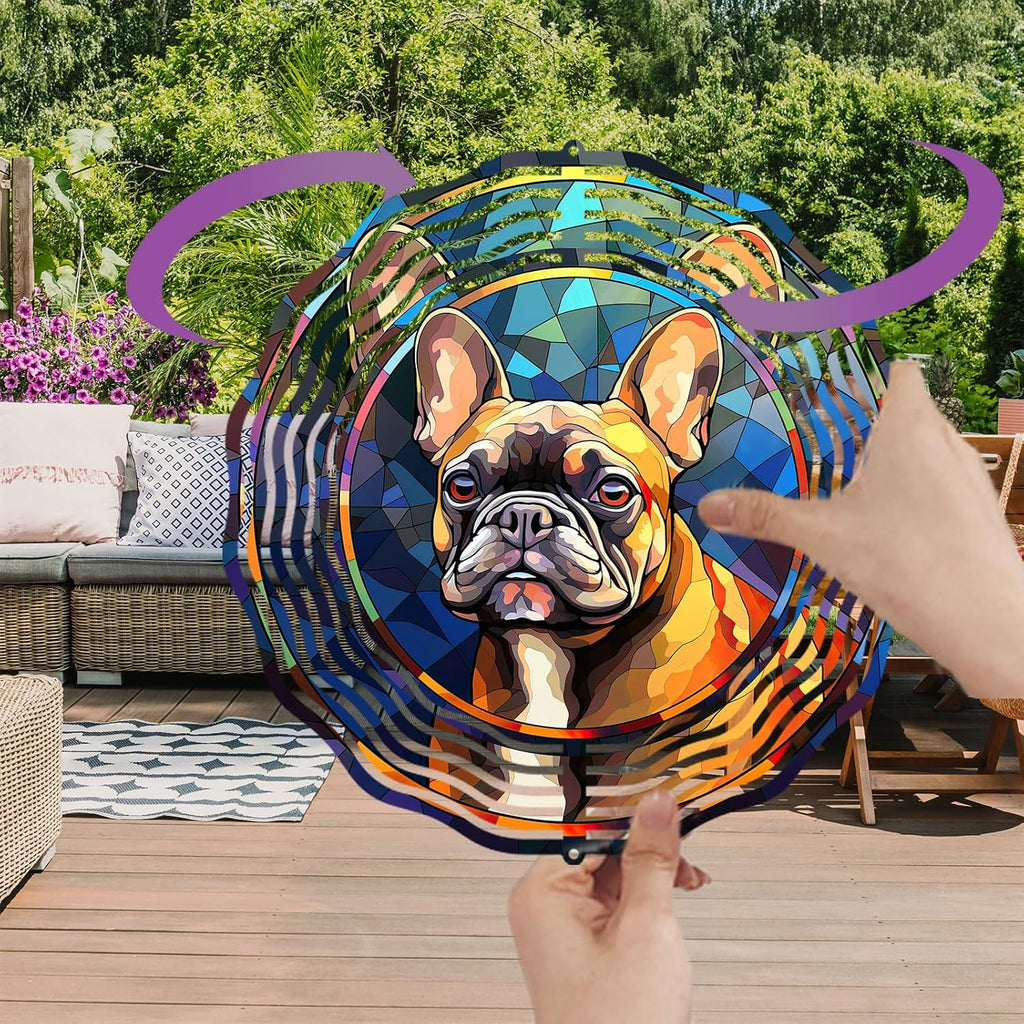 French Bulldog Wind Spinner Pet Dog Memorial Gifts 3D Aluminum Metal Kinetic Hanging Wind Sculpture Spinners for Yard and Garden Indoor Outdoor Window Garden Decoration 8 Inch (French Bulldog 3)