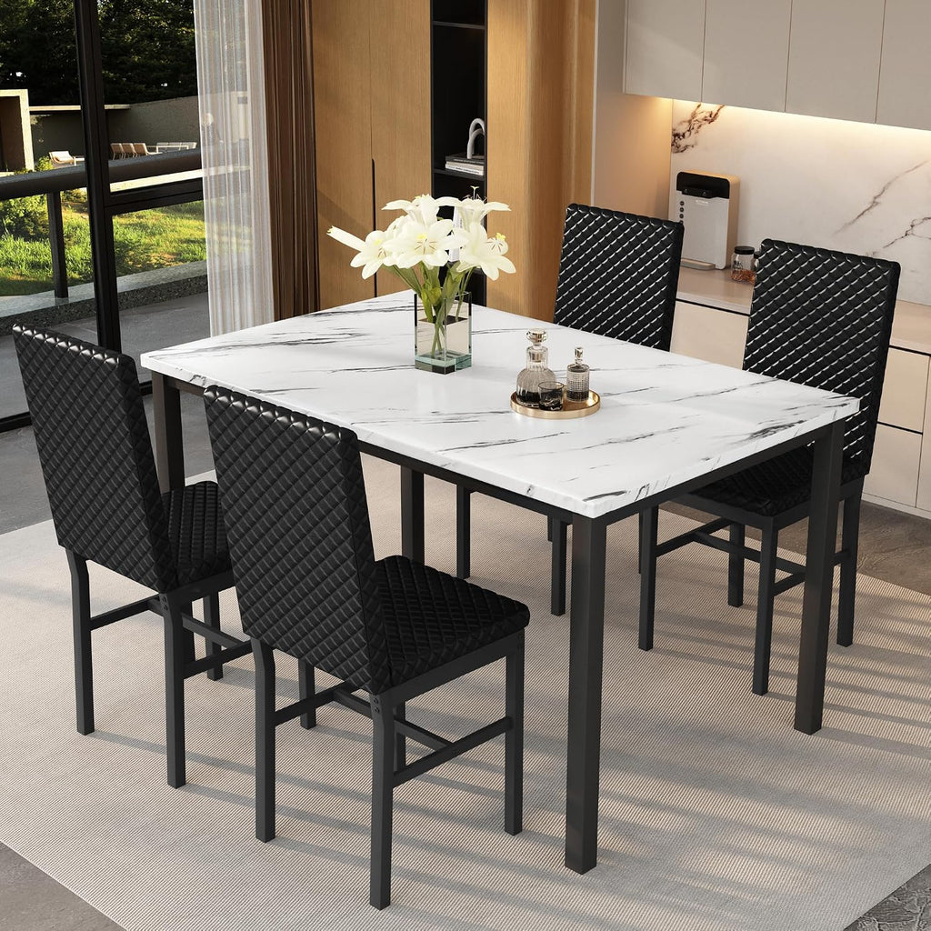 Recaceik Dining Table Set for 4, Faux Marble Kitchen Table and Chairs Set of 4, Modern Dining Room Table with Velvet Dinner Chairs, Small Dining Set for Breakfast Nook Small Spaces, White & Black
