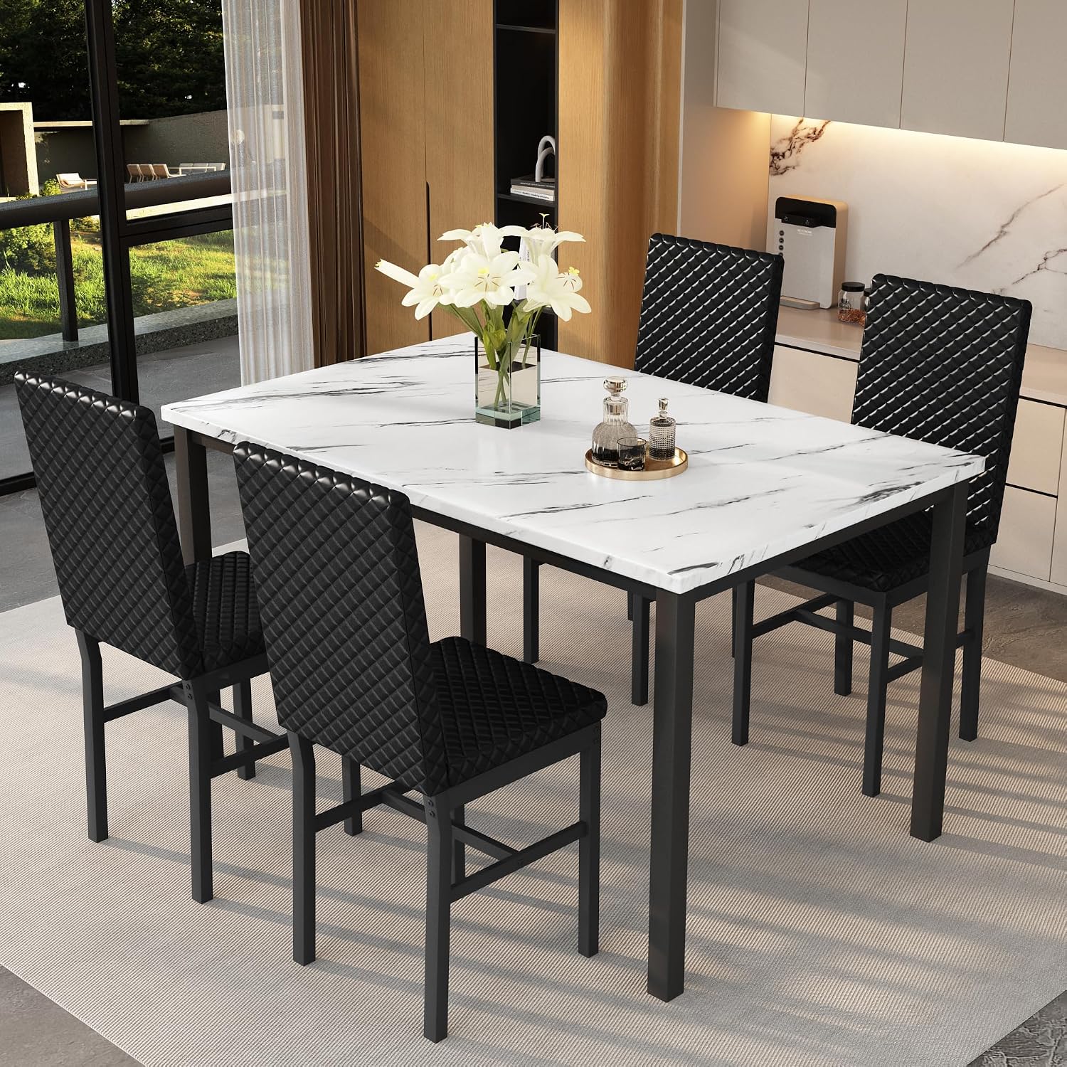 Recaceik Dining Table Set for 4, Faux Marble Kitchen Table and Chairs Set of 4, Modern Dining Room Table with Velvet Dinner Chairs, Small Dining Set for Breakfast Nook Small Spaces, White & Black
