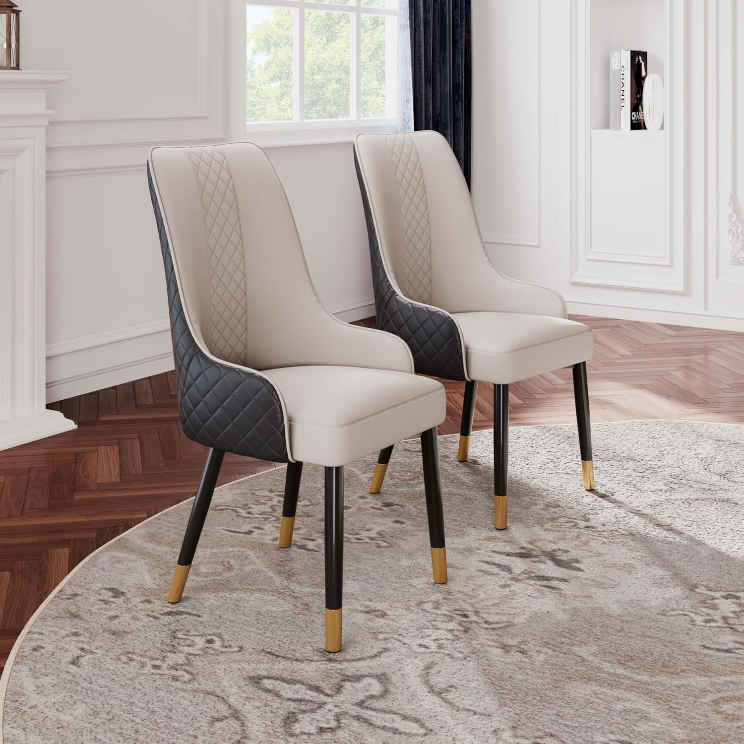 POVISON PU Dining Chairs Set of 2, 38" Faux Leather Upholstered Bar Chairs with Metal Legs, Modern High-Back Side Chairs for Living Room, Pub, Coffee, Home, and Kitchen (Black)