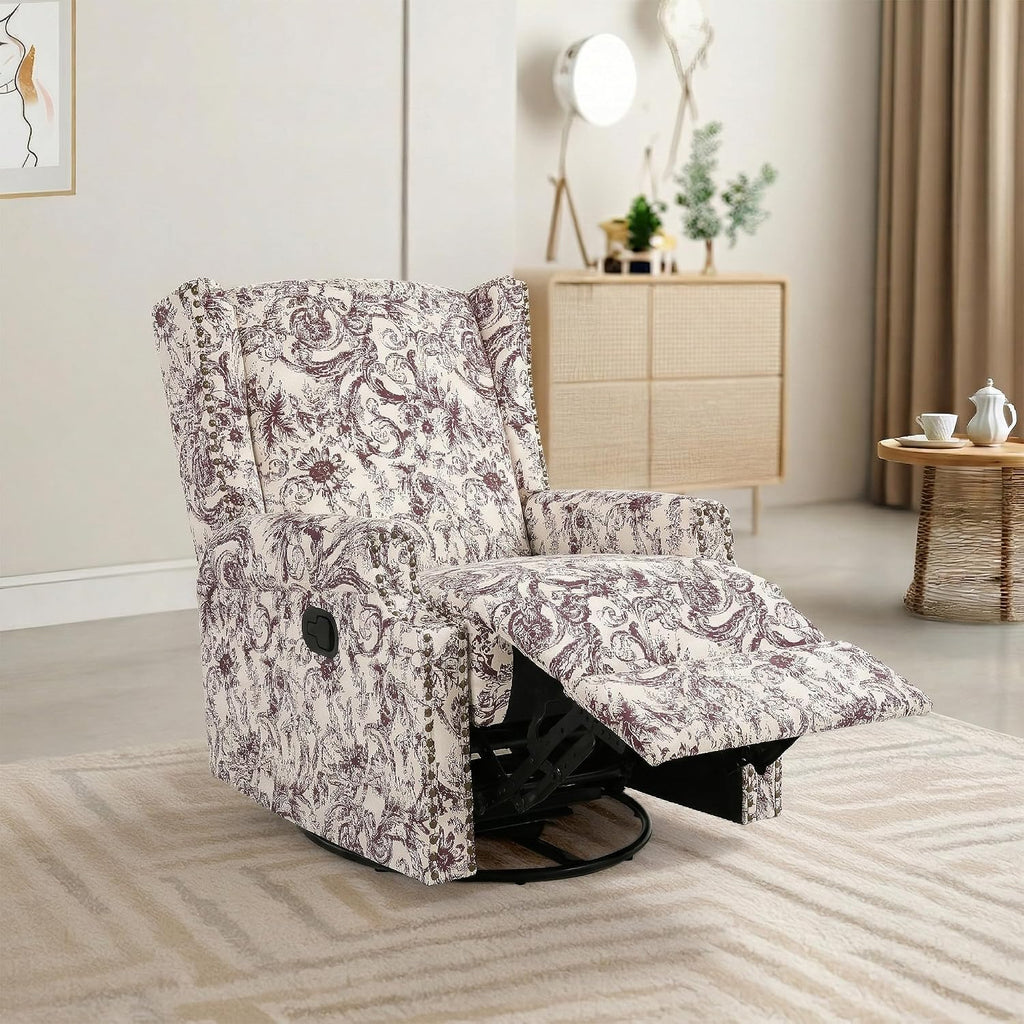 Swivel Rocker Recliner Chair, 360° Swivel Wingback Recliner Chairs for Adults, Upholstered Glider Rocking Chair with High Back, Deep Seat for Living Romm Bedroom, Rococo Plum
