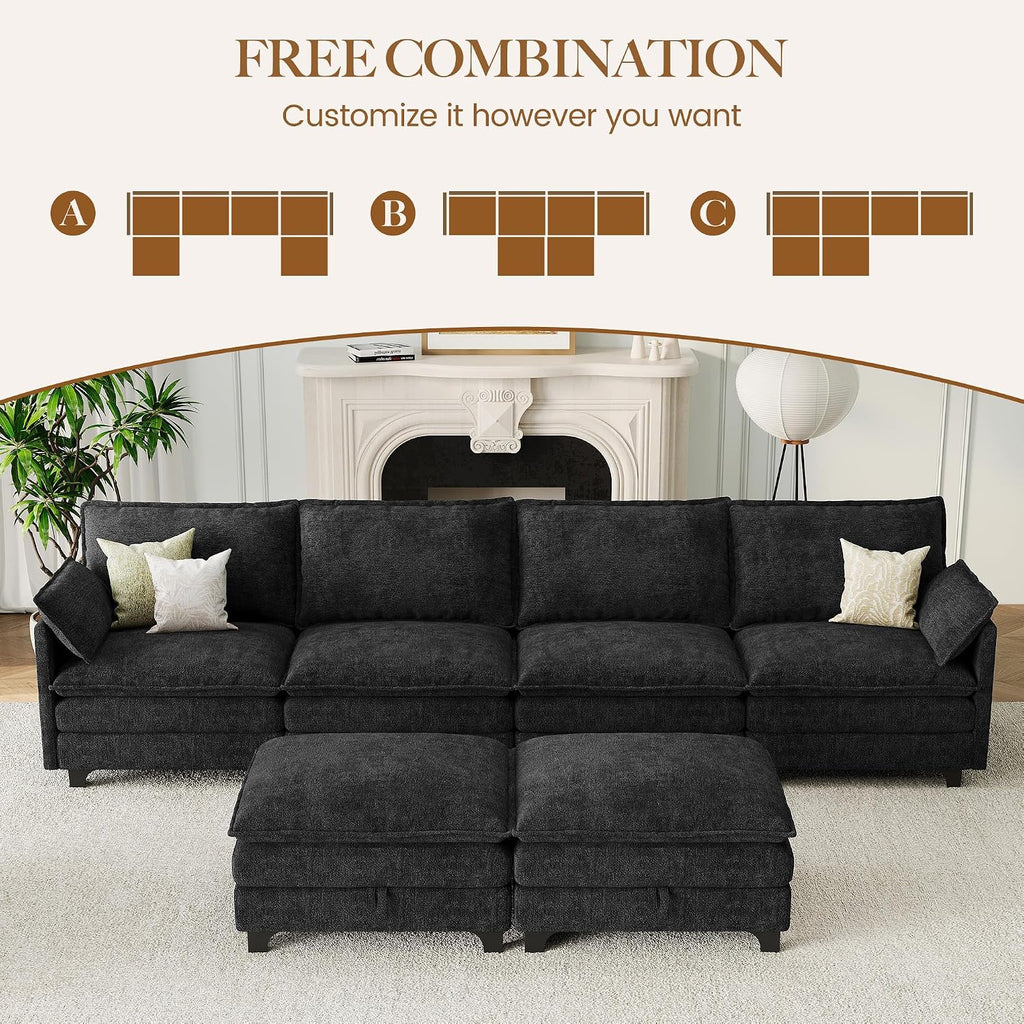 140" U-Shaped Modern Modular Sectional Sofa, Chenille Cloud Couch with Storage Ottoman, Deep Seat Couches with Side Pocket for Living Room, Bedroom and Apartment, Dark Grey