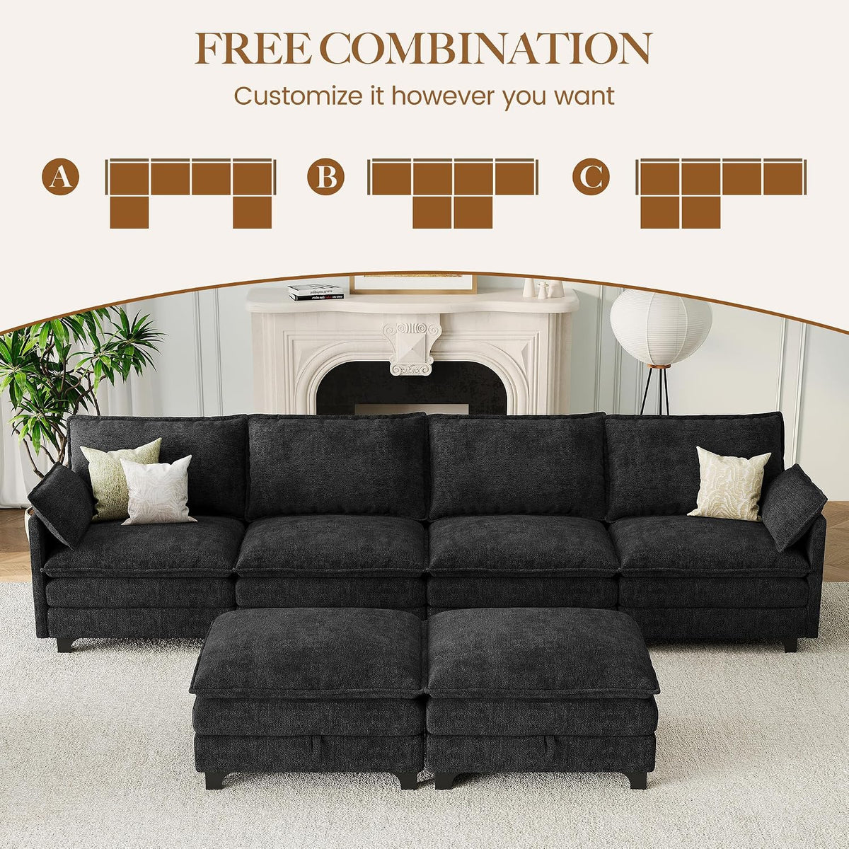 140" U-Shaped Modern Modular Sectional Sofa, Chenille Cloud Couch with Storage Ottoman, Deep Seat Couches with Side Pocket for Living Room, Bedroom and Apartment, Dark Grey