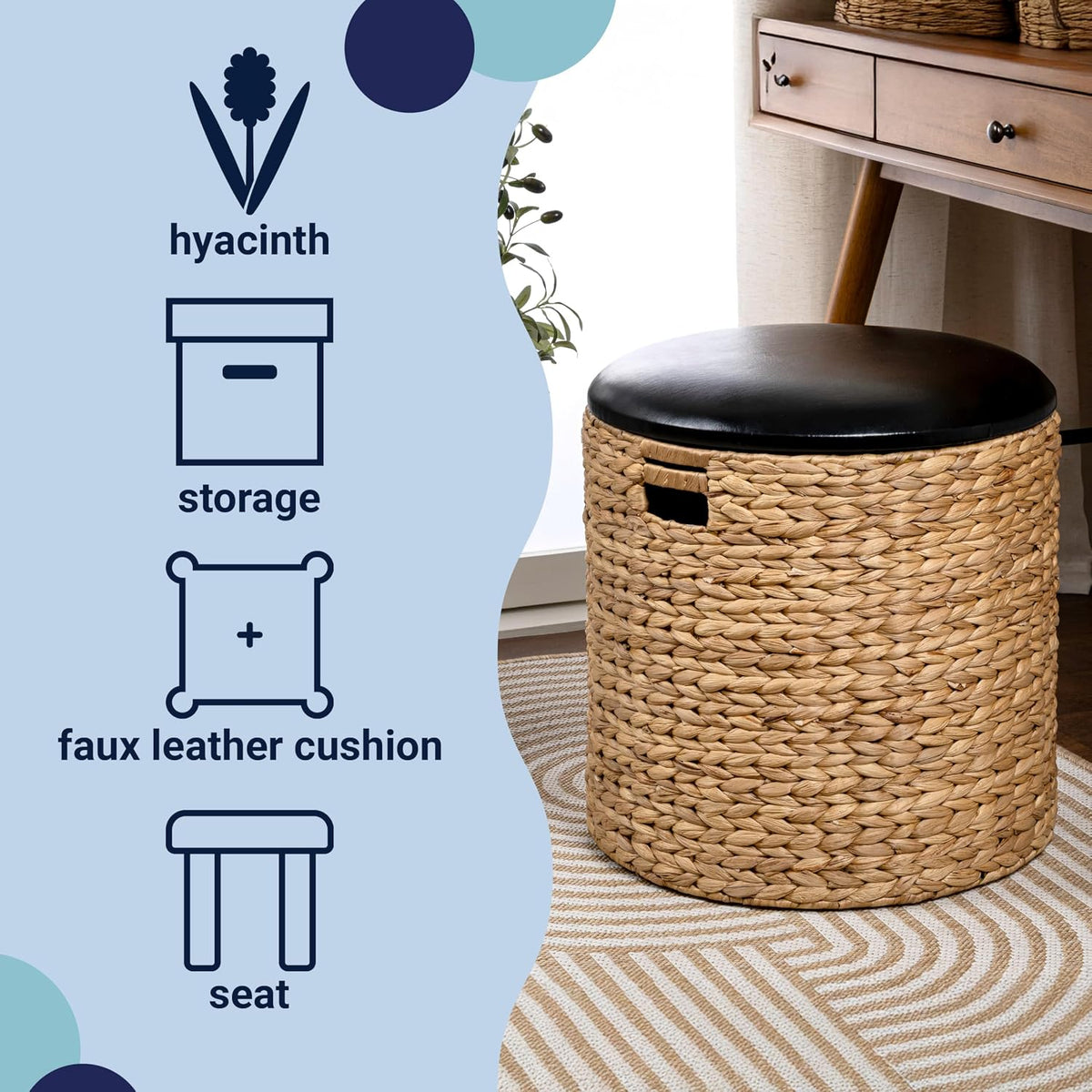 happimess SSL1003B Josie 18" Modern Coastal Hand-Woven Hyacinth Storage Ottoman with Lid, Foot Rest for Living Room, Bedroom, Entryway, Foyer, Natural/Black