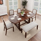 6-Pcs 78'' Extendable Rectangular Dining Table & 4 Upholstered Dining Chairs & 1 Bench, Wood Dining Table Kitchen Table Set for 6 (6-Pcs: 1 Table+4 Chair+ 1 Bench, Cherry)