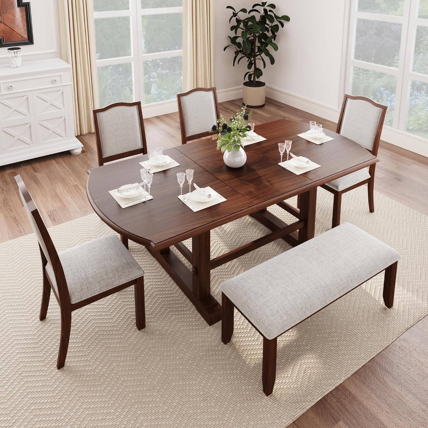 6-Pcs 78'' Extendable Rectangular Dining Table & 4 Upholstered Dining Chairs & 1 Bench, Wood Dining Table Kitchen Table Set for 6 (6-Pcs: 1 Table+4 Chair+ 1 Bench, Cherry)