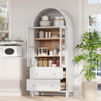 71" Tall Arched Kitchen Pantry Cabinet, Modern Farmhouse Freestanding Food Storage Cabinet with 2 Large Drawers & Adjustable Shelves, Glass Door Wood Cupboard for Kitchen & Dining Room,White