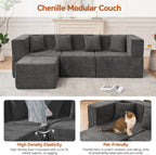 MONVANE 103'' Modular Sectional Sofa, Comfy Chenille Cloud Couch with Ottoman, Modern Convertible L Shaped Couch with Deep Seat, Sectional Couches for Living Room, Bedroom and Apartment, Grey