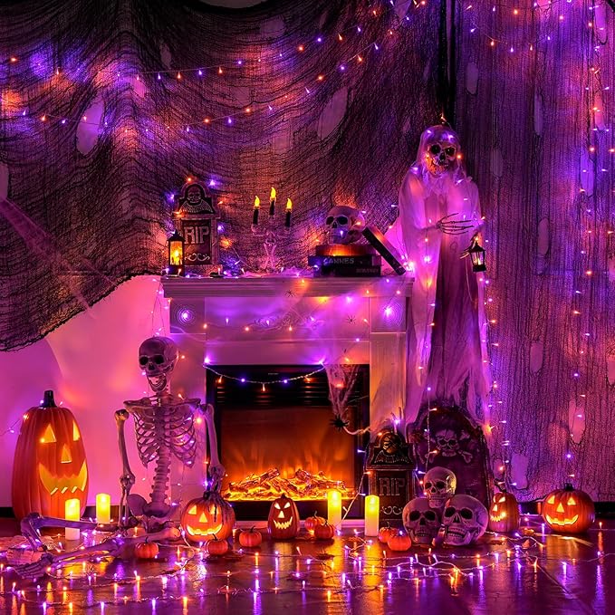 JMEXSUSS 400LED Orange and Purple Halloween String Lights Indoor Outdoor Waterproof, 132ft 8 Modes String Lights Plug in with Remote, Twinkle Light for Room Tree Fireplace Halloween Party Decorations