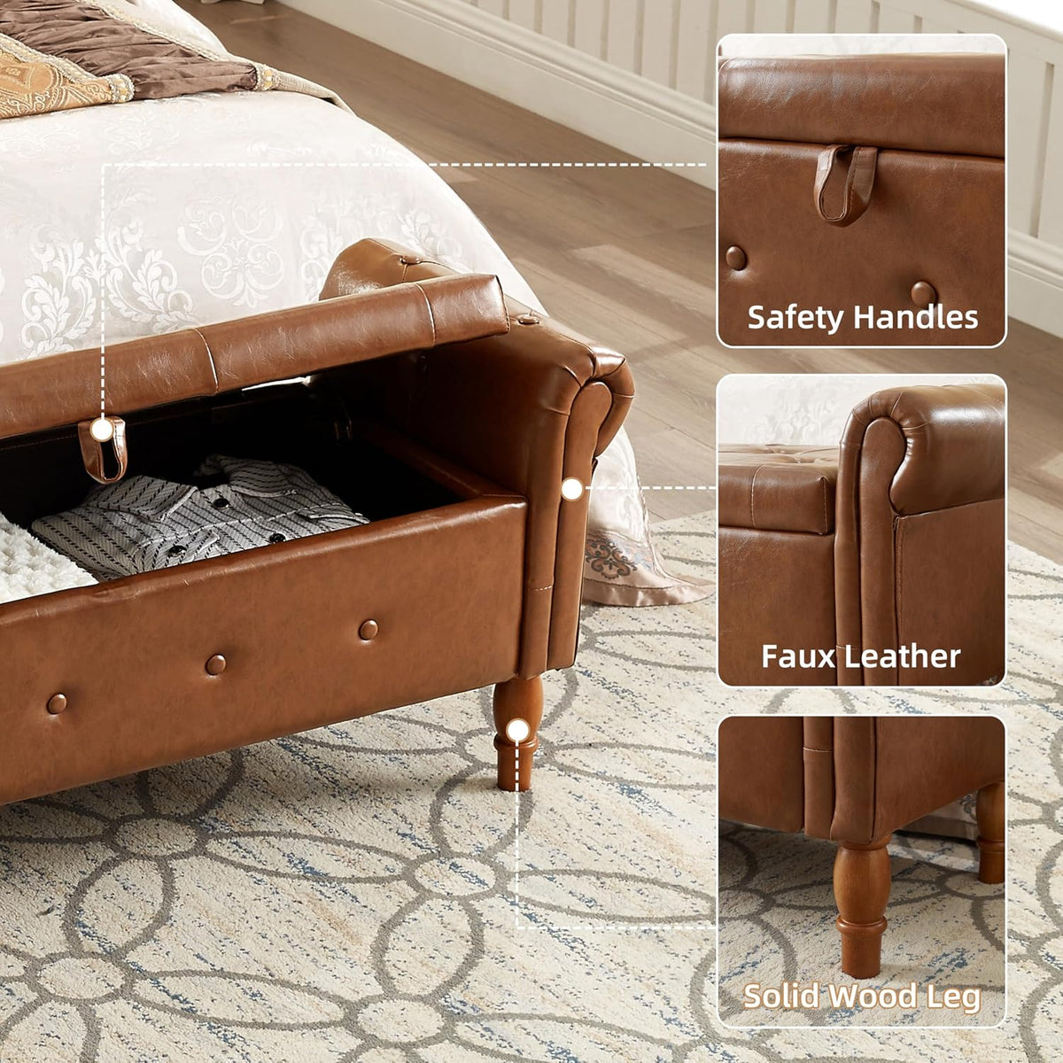 Storage Ottoman Bench, 50" Modern Upholstered End of Bed Bench, Faux Leather Rolled Armed Button-Tufted Ottoman with Storage for Living Room, Entryway, Window, Brown