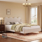 Garvee Chenille Upholstered Queen Bed Frame, Wingback Design, Beige