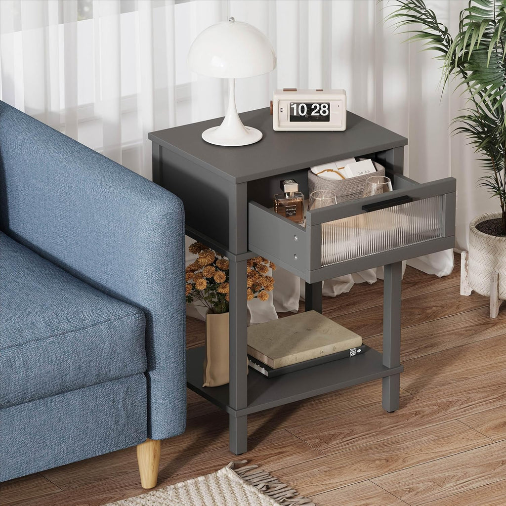 Nightstand Wooden Bedside Table with Drawer Grey Night Stands Modern Style Small End Table Side Table with Storage Shelf for Bedroom Living Room MLBZ10G