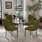 Clear Round Glass Top Dining Set for 4, 42'' Modern Luxury Circle Dinner Set, 5 PCS Minimalist Circular Kitchen Table Set, Olive Green High-end Tufted Chairs, for Small Place Home (Silver)