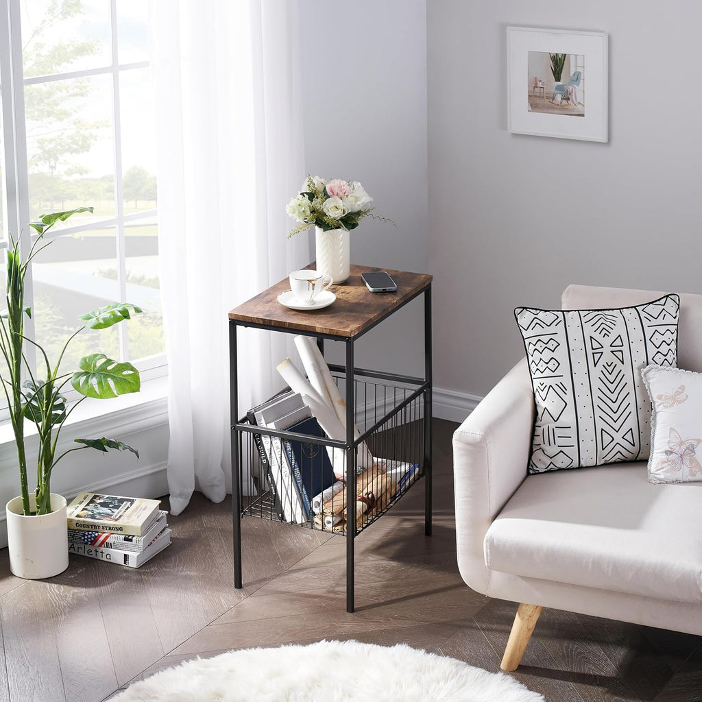 VECELO Tall End Table with Metal Basket,Nightstand with Shelf Storage Organizer, Wood Night Stand with Metal Frame, Waterproof for Bedroom, Living Room, Bathroom