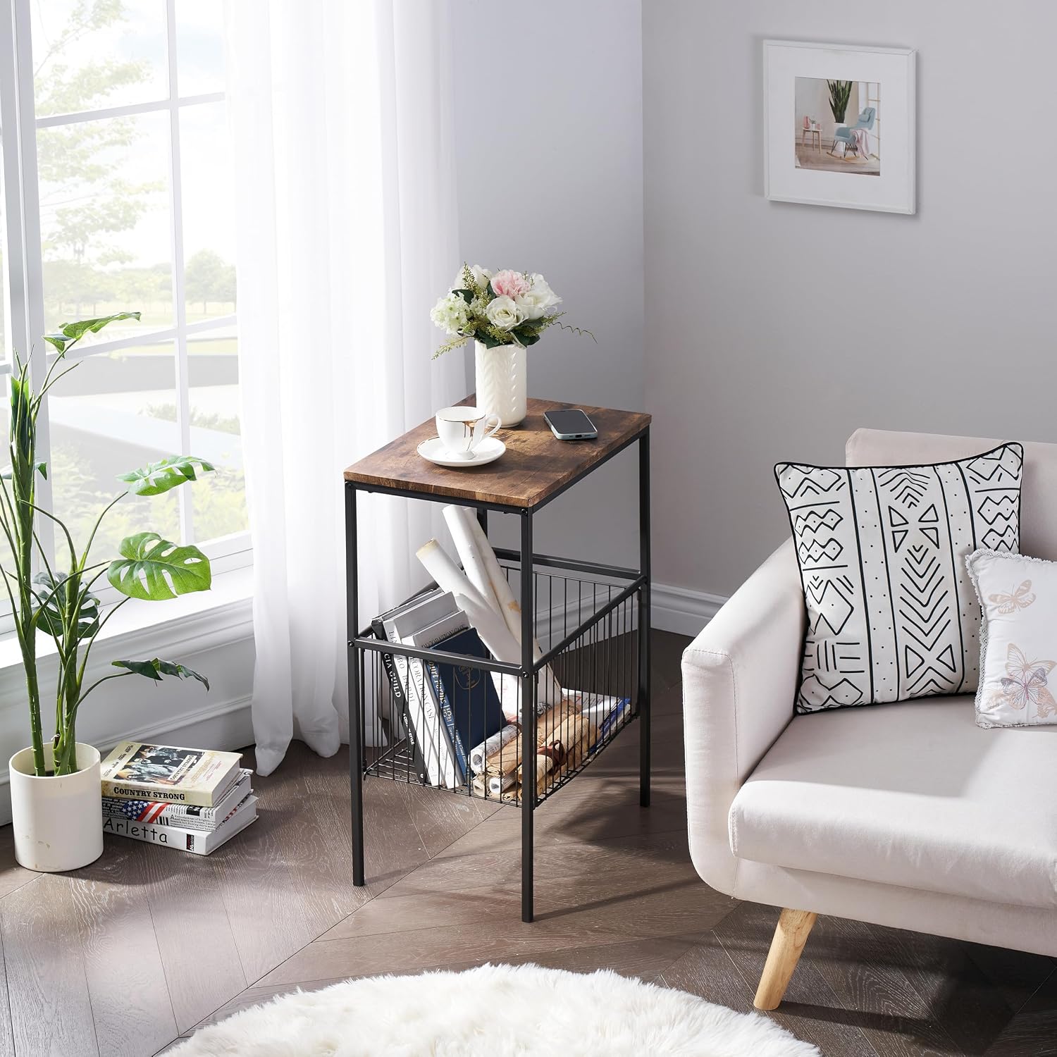 VECELO Tall End Table with Metal Basket,Nightstand with Shelf Storage Organizer, Wood Night Stand with Metal Frame, Waterproof for Bedroom, Living Room, Bathroom