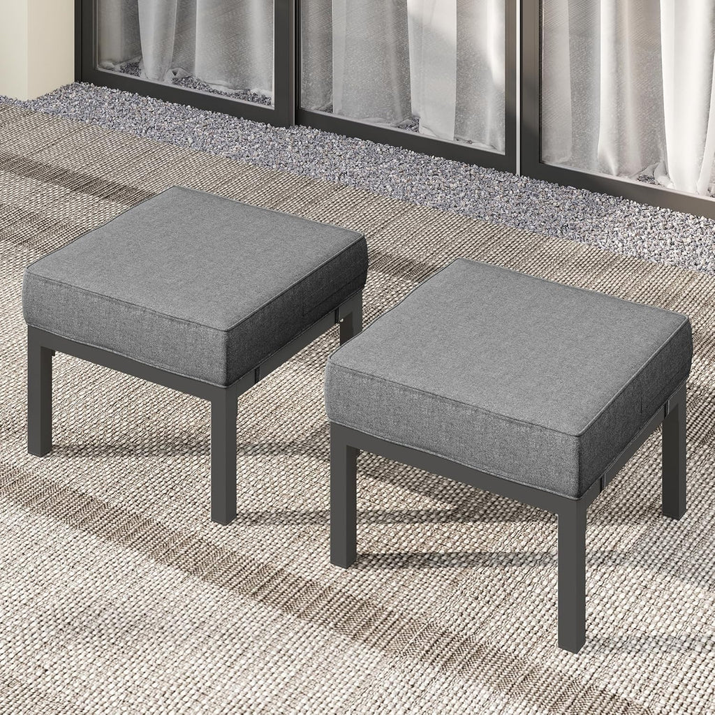 Wisteria Lane Metal Patio Furniture Footstools Set of 2, Oversized Outdoor Ottomans with Upgraded Cushions, All-Weather Outdoor Footrest Seat for Balcony, Garden, Deck, Backyard, Gray