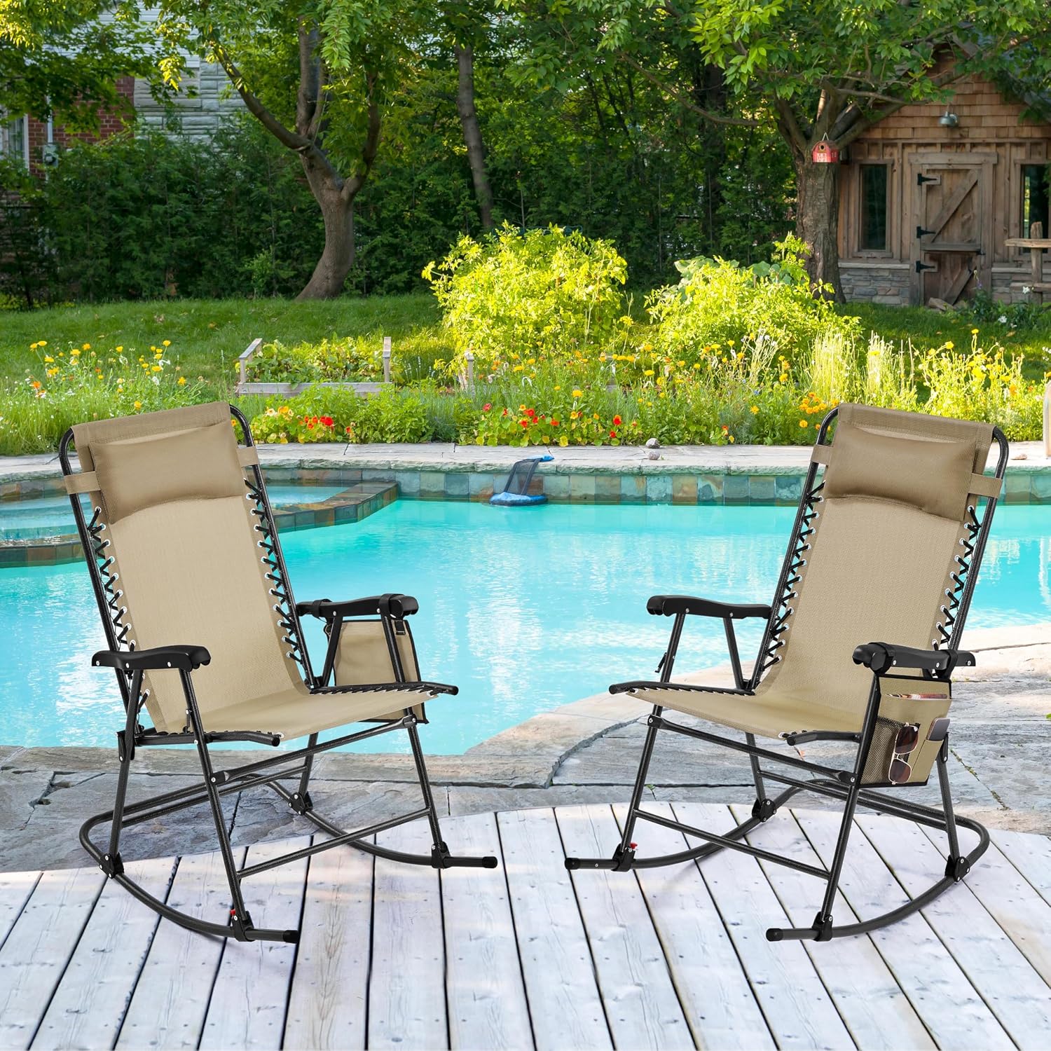 Yaheetech Patio Rocking Chair Folding Camping Chair with Pocket, Beige | Folding rocking recliner with smooth zero-gravity recline, ergonomic design with pillow. Great for patio, lawn & camping.