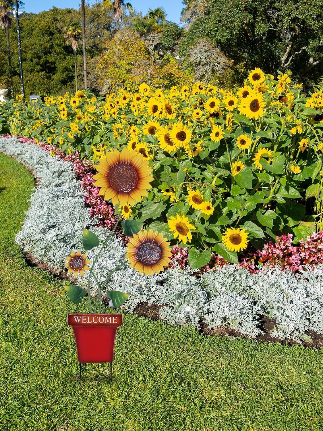 hogardeck Garden Decor for Outside, 39" Sunflower Pot Decorative Garden Stakes for Spring Outdoor Decor, Metal Yard Art Sunflower Welcome Sign for Porch Patio Lawn Pathway Backyard Decorations
