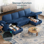 LINSY HOME Sectional Couches for Living Room, 106" U Shape 4 Seats, Blue | Sleeper sofa with pull out couch bed, corduroy couch with storage