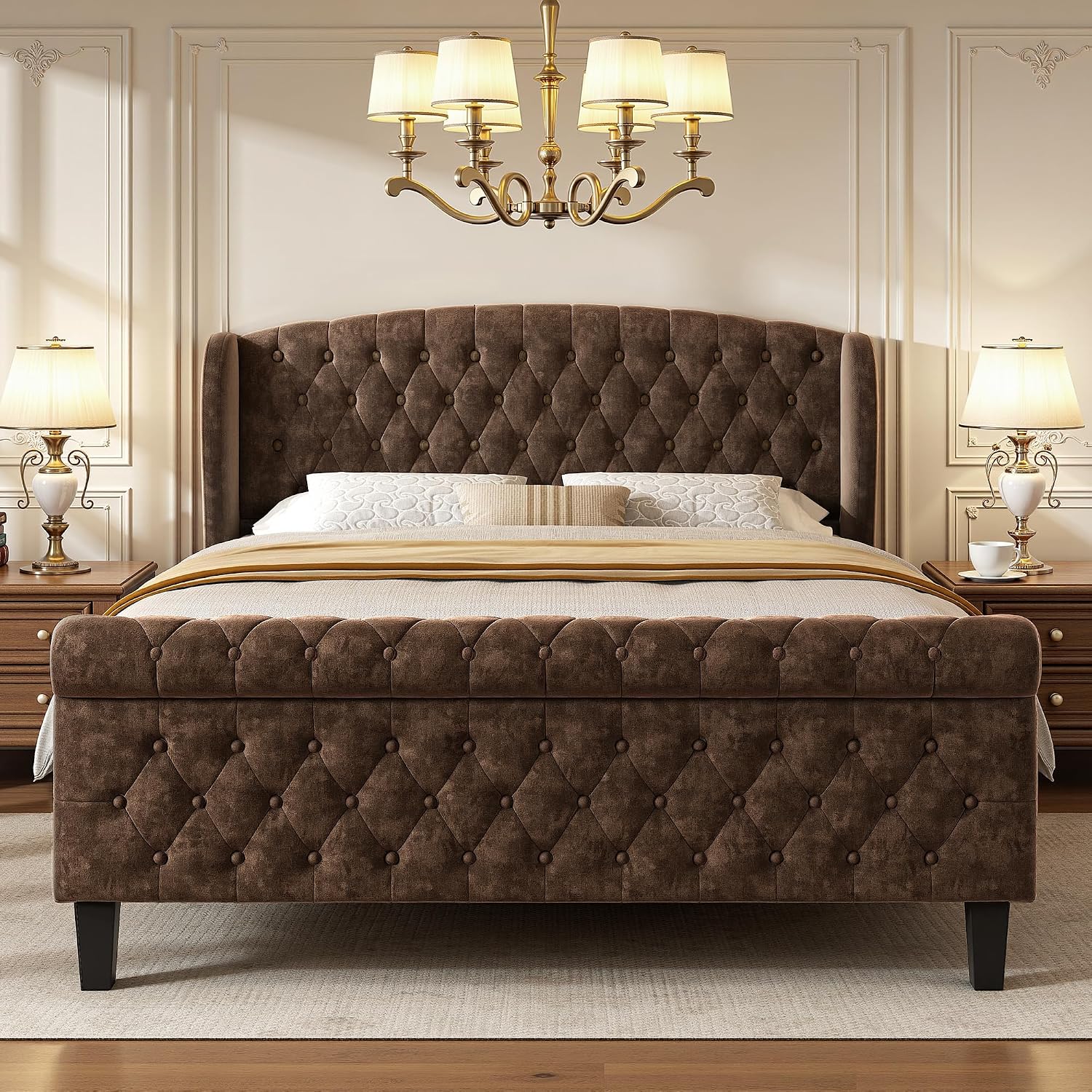 BedsPick Brown Upholstered Queen Bed Frame with 42" Wingback Headboard, Sleigh Queen Size Bed Frame with Button Tufted Scroll Footboard, Wood Slats Support/No Noise/Easy Assembly/No Box Spring Needed