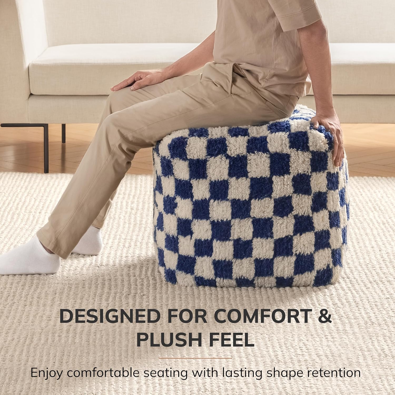 Anji Mountain Artisan Crafted Cotton Blend Pouf Ottoman | Versatile Floor Seating & Footstool for Living Room | Modern Boho Home Décor Accent | Filled Pouffe | Soft & Fluffy Ottoman Pouf, Lightweight, Decorative Floor Pouf Seating for Bedroom & Home