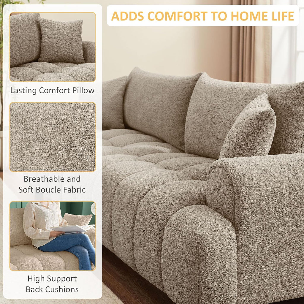 VANOMi Boucle Sofa Couch, 91" Comfy Tufted Upholstered Cloud Couches, Modern 3 Seater Sofa with Pillows, Oversized Deep Seat Sherpa Couch for Living Room, Bedroom, Apartment (Camel Color)
