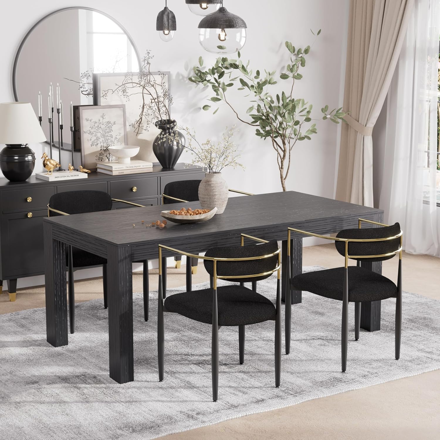 Baysitone Dining Chairs Set of 4 Mid-Century Modern Upholstered Boucle Dining Room Chairs Open Back Curved Backrest Black Metal Legs Gold Armchairs for Kitchen Living Room, Black(Only Chairs)