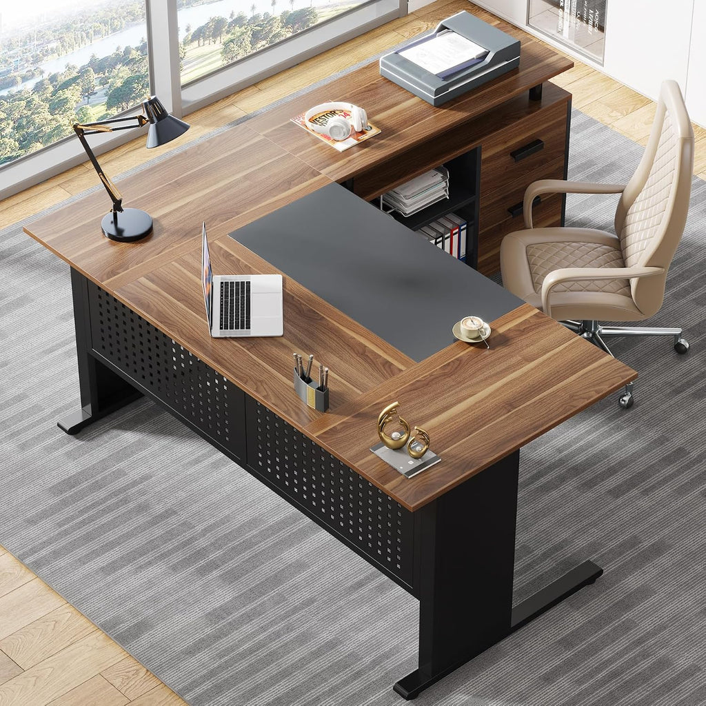 Tribesigns 63 Inch Executive Desk with Filing Cabinet, L Shaped Office Desk | Large Office Desk with File Drawer, L Shaped Desk with Storage, Computer Desk for Home Office, Easy Assembly, Brown and Black