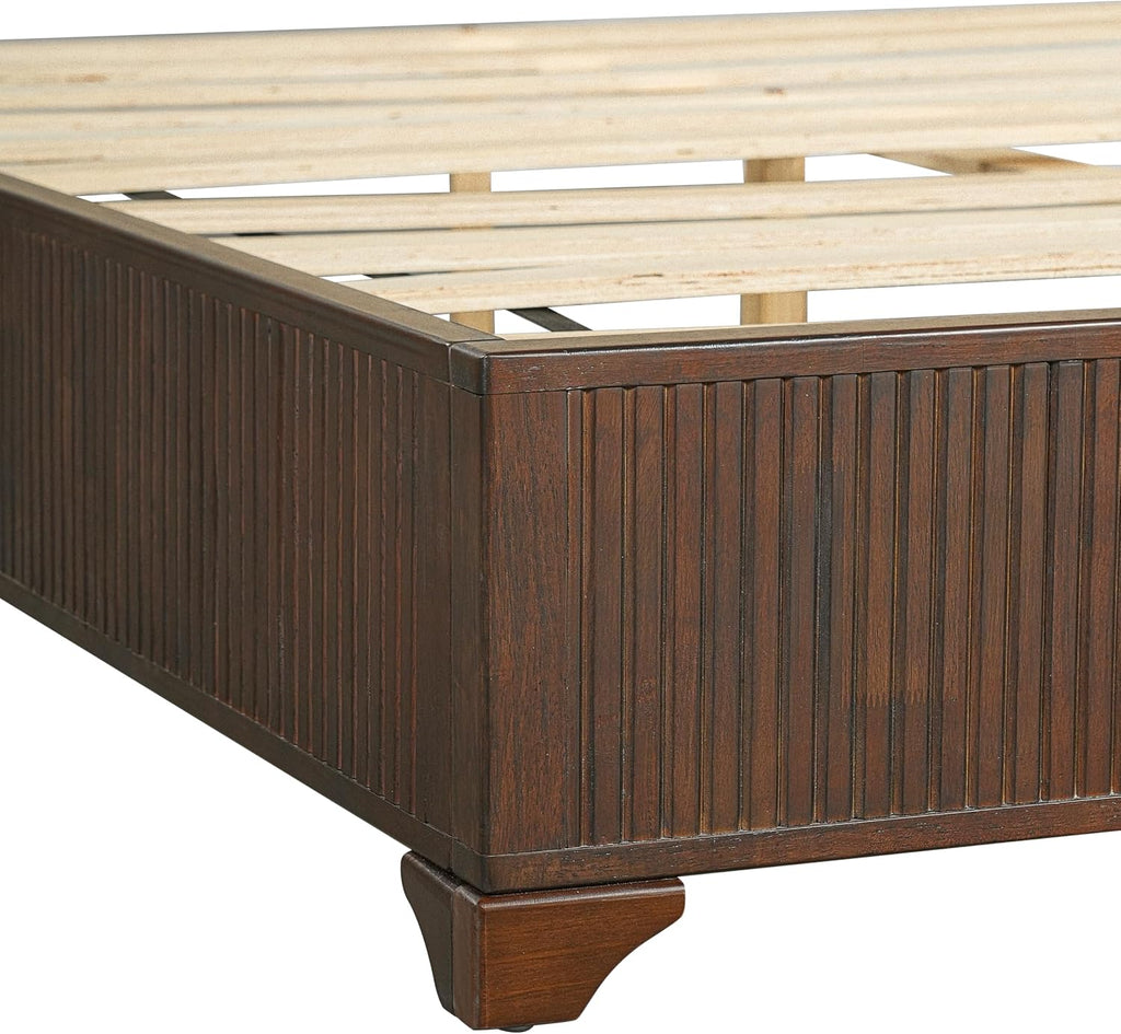 King Size Wood Platform Bed with Fluted Footboard & Fabric Upholstered Headboard, Low Profile Wooden Bed Frame with Wood Slats Support, Dark Walnut,White