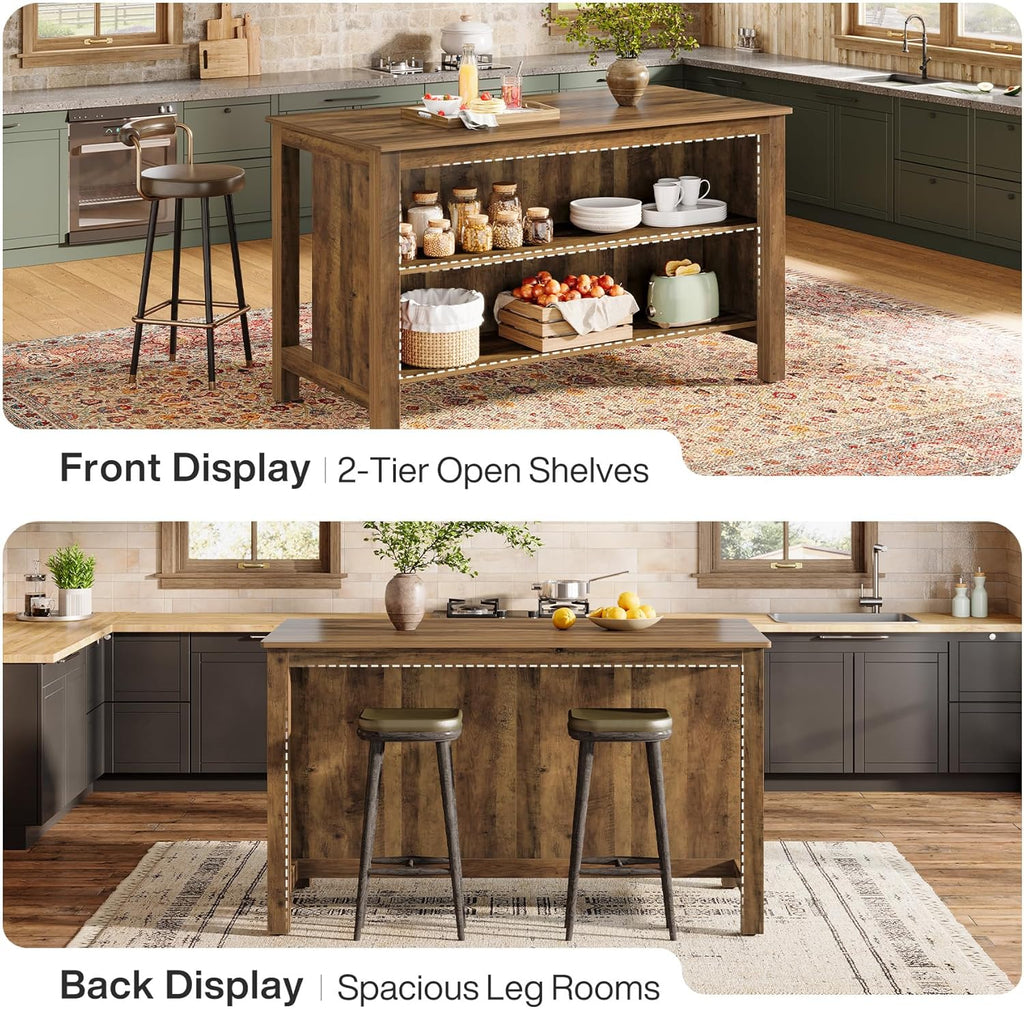 Tribesigns Kitchen Island with Seating and Storage, 59-Inch Large Farmhouse Stationary Island Table for Kitchen, 3-Tier Counter Height Coffee Bar Tables for Dining Room, Rustic Brown