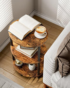 Round Small Side Table - 3 Tier Oval Accent Table for Small Spaces, Rustic Wood and Metal Couch End Table, Nightstand for Bedroom or End Table Living Room, Easy to Assemble, Rustic Brown