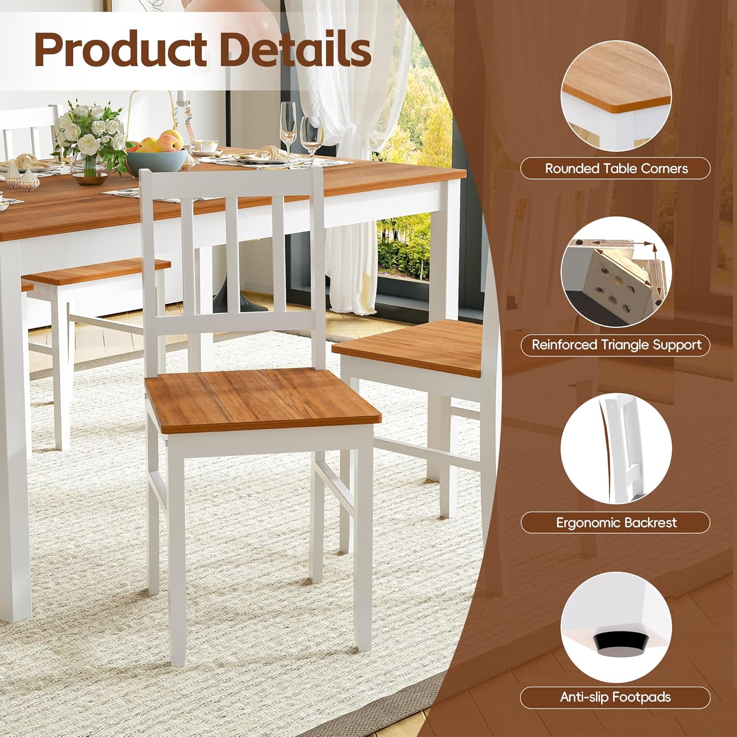 MU 5 Piece Dining Table Set for 4, Rectangular Wood Kitchen Table Chairs Set with Rubber Wood Legs, Space-Saving Farmhouse Dinette Set for Small Space, Dining Room, Apartment, Brown+White
