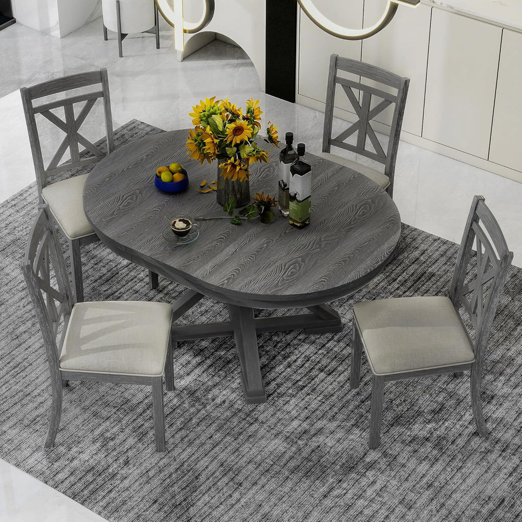 Merax Extendable Round Dining Table Set for 4, Farmhouse Kitchen Table Set with 4 Upholstered Chairs for Kitchen, Dining Room, Living Room, Grey
