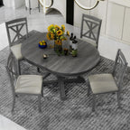 Merax Extendable Round Dining Table Set for 4, Farmhouse Kitchen Table Set with 4 Upholstered Chairs for Kitchen, Dining Room, Living Room, Grey