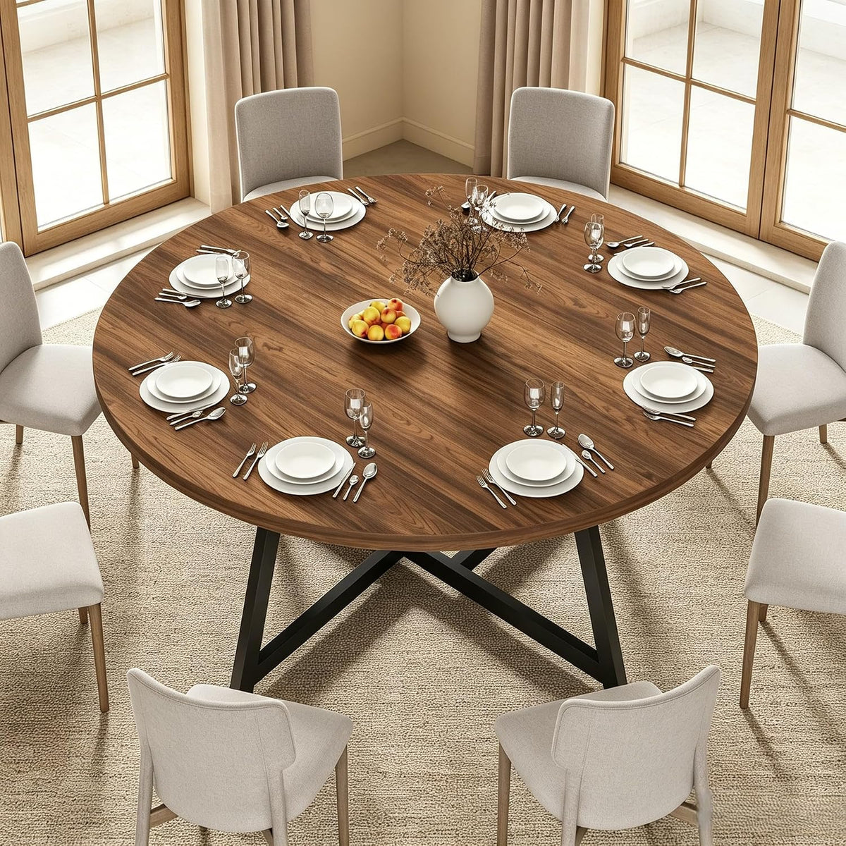 Large Round Dining Table for 6-8, Wooden Dinner Table with Heavy Duty Metal Pedestal Base (Dark Brown)