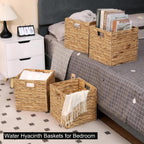 11 x 11 x 11 in Woven Storage Baskets,Set of 4 Wicker Cubes Baskets,Natural | Foldable Water Hyacinth Baskets,Handwoven Storage Baskets for Shelves,Kitchen or Outdoor