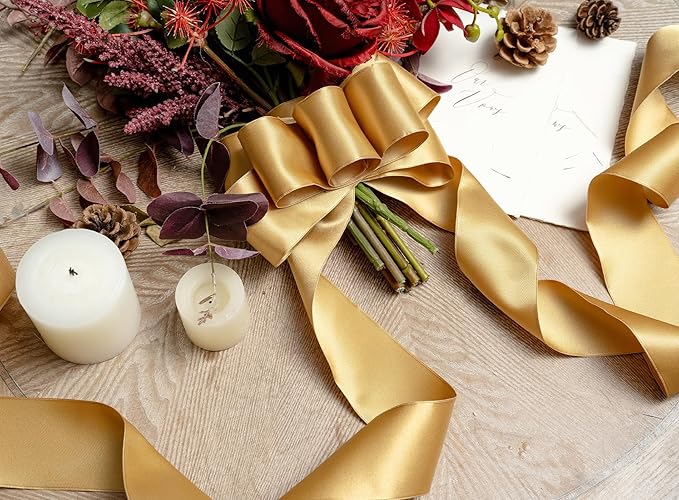Gold Satin Ribbon Double-Faced Wired Ribbons for Gift Wrapping Flower Bouquet Bows Wedding Invitation Christmas Decor Crafts 2-1/2 Inch 10 Yards
