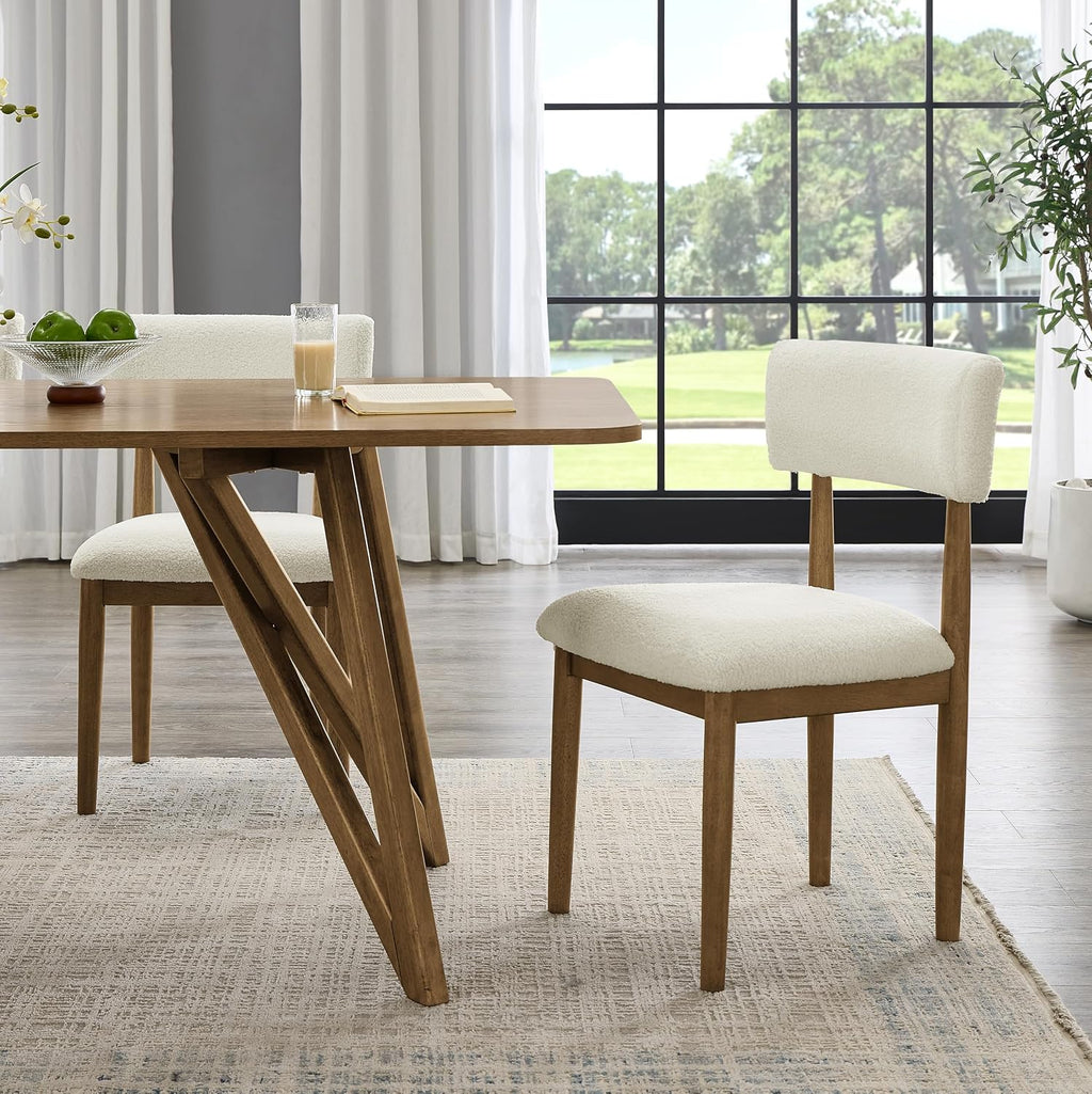 Roundhill Furniture Ellis Boucle Upholstered Dining Chairs, Set of 2, White/Natural Oak