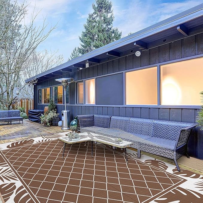 Ileading Outdoor Rug Carpet for Patio 8'x10' Waterproof Reversible Plastic Straw Rug Portable Outside Area Rug Camping Mat for Patio, Clearance, Balcony, Picnic, Pool, Beach, RV, Deck, Brown