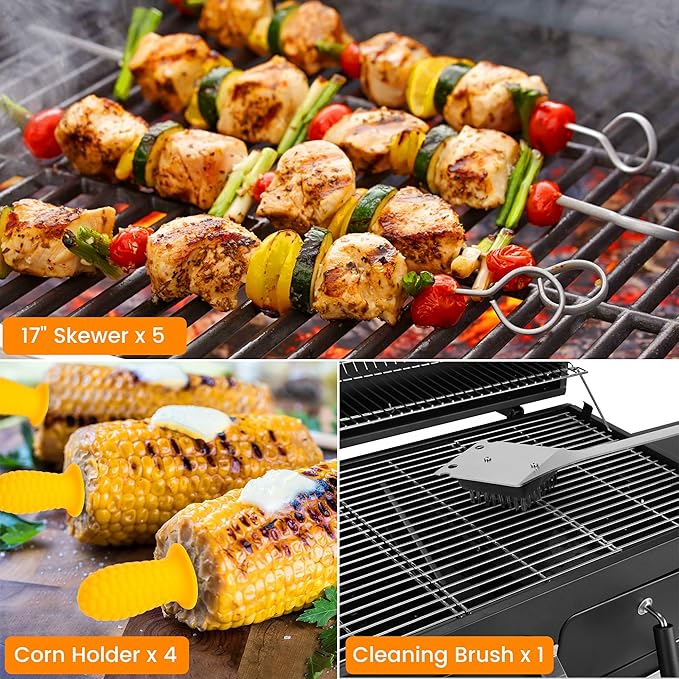 Grill Accessories Kit, Stainless Steel Grill Tool Set with 4-in-1 BBQ Spatula, Fork, Tong, Brush, Skewers, Silicone Corn Holders, Grilling Gift Set for Men and Women