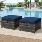 Patio Ottomans Set of 2, 22"x 22"x 18" Outdoor Wicker Footstool with Cushion, Blue, for Garden, Backyard, Deck, Porch, Balcony, Poolside
